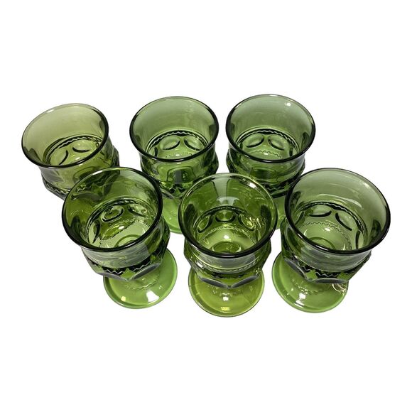 Kings Crown Avocado Green Thumb Print  Indiana Glass Cordial Glasses Six - Picture 4 of 9